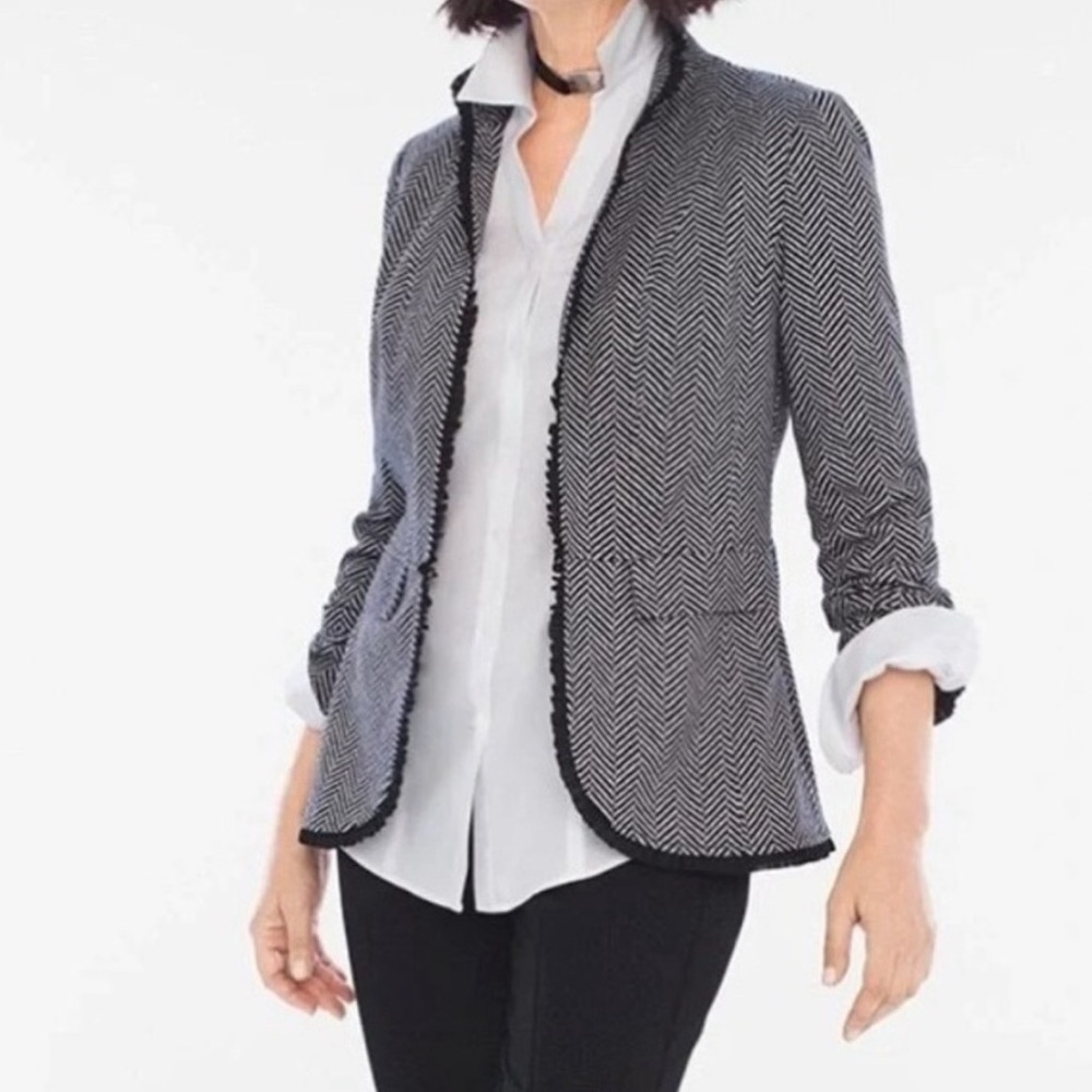 CHICOS‎ Black & White Chevron Ruffle Trim Preppy Open Blazer Size S
